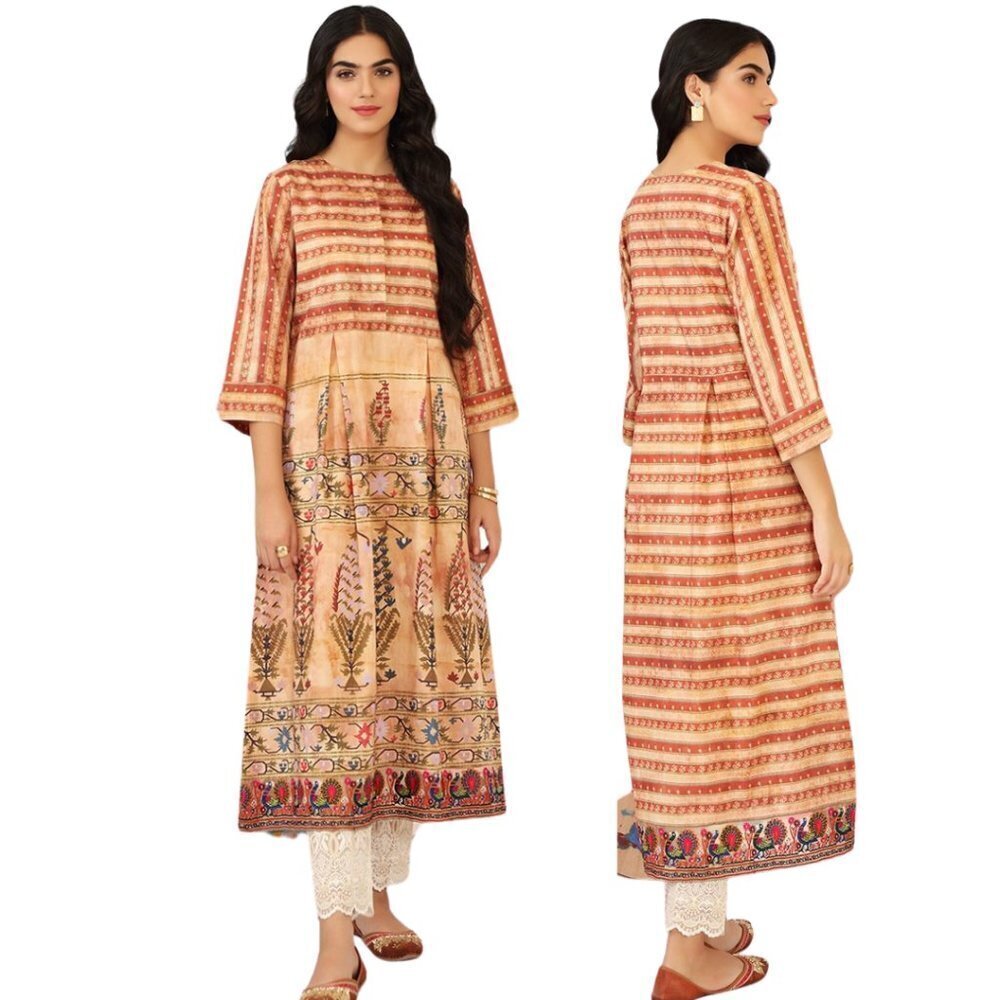Handcrafted embroidered printed garden tunic kurti‎ kurta midi dress size S